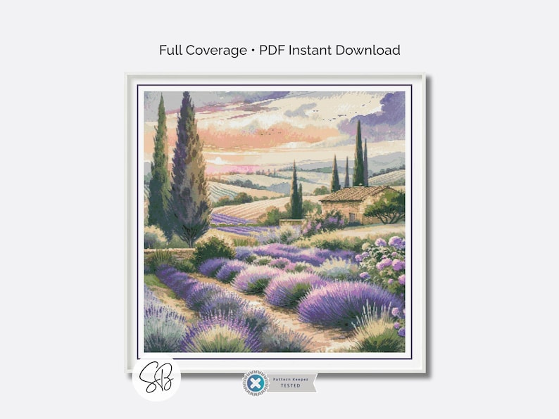 French Lavender Fields Cross Stitch Pattern, Provence France Flower Fields Embroidery, Floss Conversions