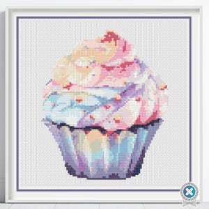 Padrão de ponto cruz de cupcake arco-íris, arte de bordado de guloseimas doces, padrão de cupcake digital, ponto de decoração de cozinha em PDF, ideia de presente de decoração de panificação