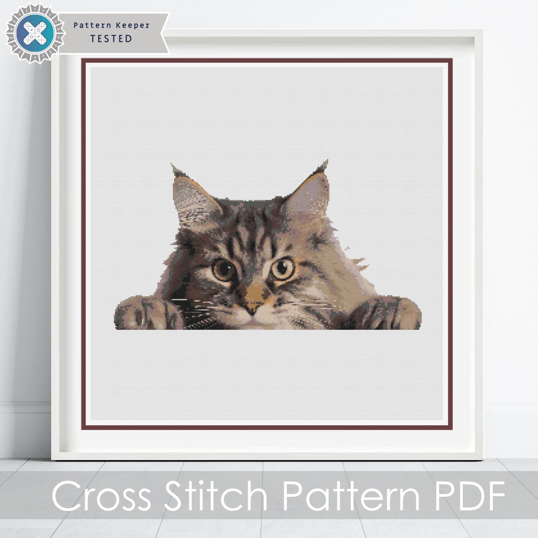 Maine Coon Cat Cross Stitch Pattern / Peeking Maine Coon Cat PDF Cross