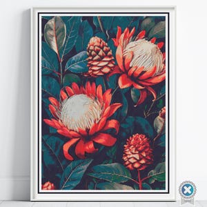 William Morris Tapestry-Inspired Protea Flowers Nature Cross Stitch Pattern, Decorative Arts & Crafts Embroidery Decor Gift, Full Coverage