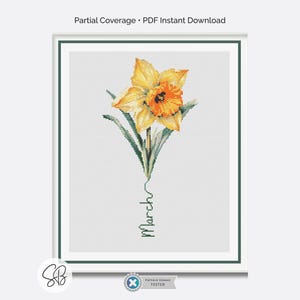 Patrón de punto de cruz con la flor del mes de nacimiento de marzo, regalo floral de narciso, descarga instantánea, conversiones de hilo