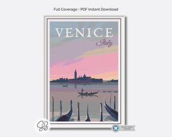 Poster di viaggio con schema a punto croce di Venezia, stile retrò vintage per principianti, PDF, conversioni di filo interdentale