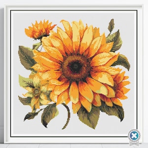 Patrón de punto de cruz de girasol, decoración de bordado floral botánico de verano, puntada de naturaleza moderna de bricolaje, punto de cruz digital, bordado floral