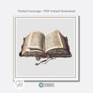Op de afbeelding: Illustratie van een open antiek boek, met verouderde, getextureerde pagina's en een bruine leren kaft. Een lint-bladwijzer is zichtbaar. De tekst "Partial Coverage • PDF Instant Download" staat bovenaan.