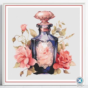 Perfume Bottle Cross Stitch Pattern Romantic Antique Floral Pink Rose Embroidery Pattern Design Elegant Shabby Chic Home Decor Perfume Art