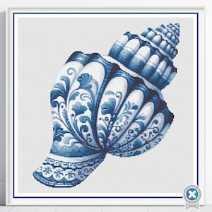 Delft Seashell Cross Stitch Pattern, Vintage Delft Cross Stitch Pattern, Delft Pottery Inspired Shell PDF XStitch Pattern, Instant Download