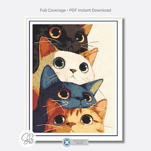 Peut inclure: Motif de point de croix encadré représentant quatre têtes de chats empilées. Les chats sont noirs, blancs, bleus et orange, avec de grands yeux expressifs. Le texte "Full Coverage • PDF Instant Download" est en haut.