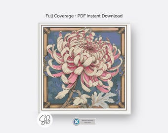 Art Nouveau Chrysanthemum Cross Stitch Pattern, William Morris Style Embroidery PDF, Floss Conversions