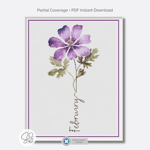 Patrón de punto de cruz con flores del mes de febrero, bordado floral morado, conversiones de hilo