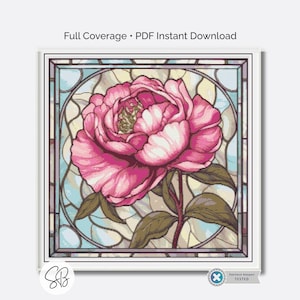 May include: A digital cross-stitch pattern featuring a vibrant pink peony flower in a stained-glass style. The design includes green leaves and stems, set against a light blue and cream background. Text at the top reads "Full Coverage • PDF Instant Download".
