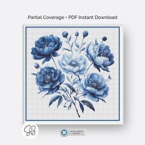 Blue Peonies Cross Stitch Pattern, Blue Flowers, Modern Embroidery, Instant Download, Floss Conversion Chart