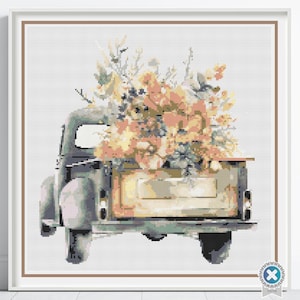 Vintage Truck Cross Stitch Pattern, Floral Country Truck Farmhouse Embroidery Decor, Yellow Flowers Rustic Needlework, Cottagecore Stitching