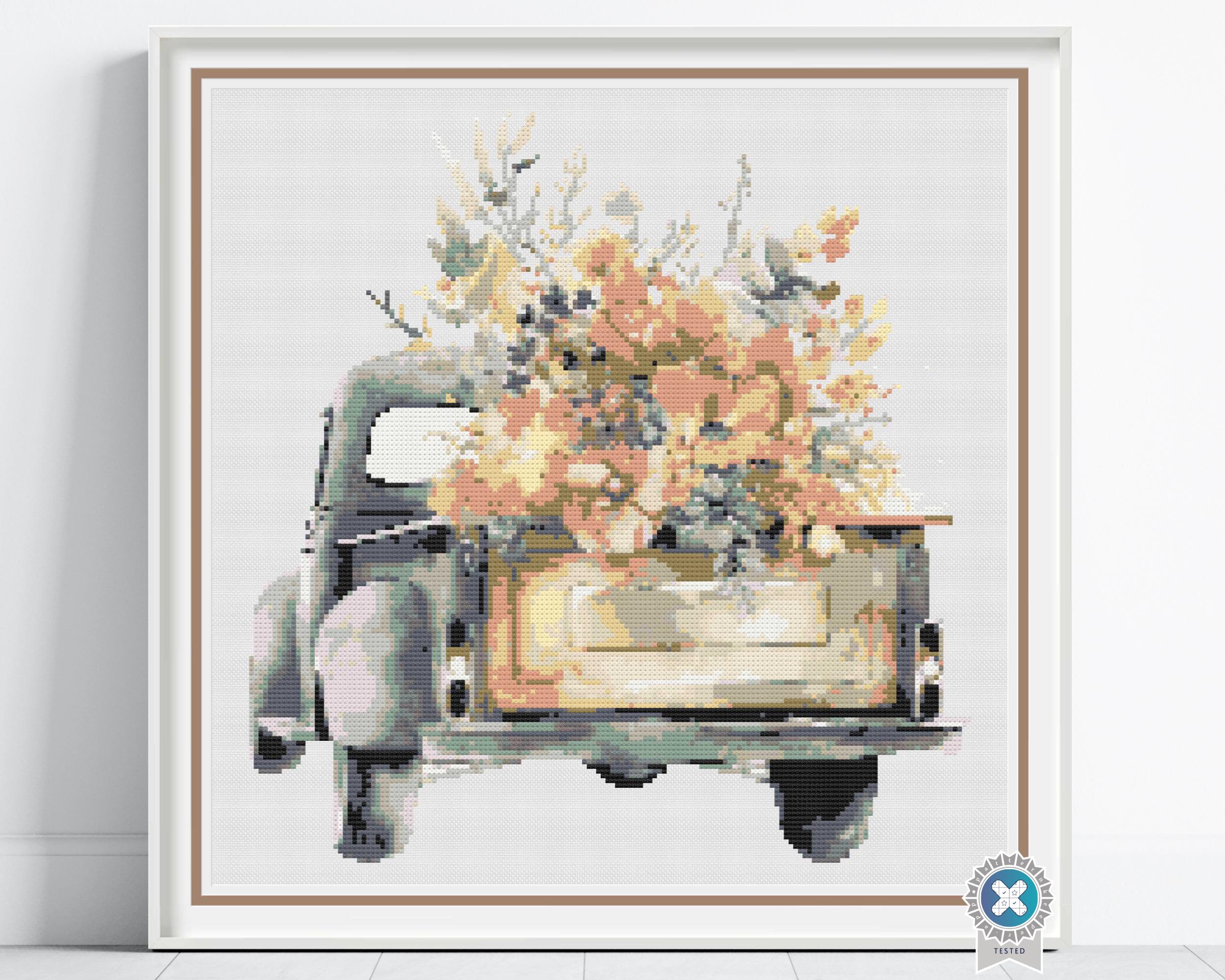 Vintage Truck Cross Stitch Pattern, Floral Country Truck Farmhouse Embroidery Decor, Yellow Flowers Rustic Needlework, Cottagecore Stitching