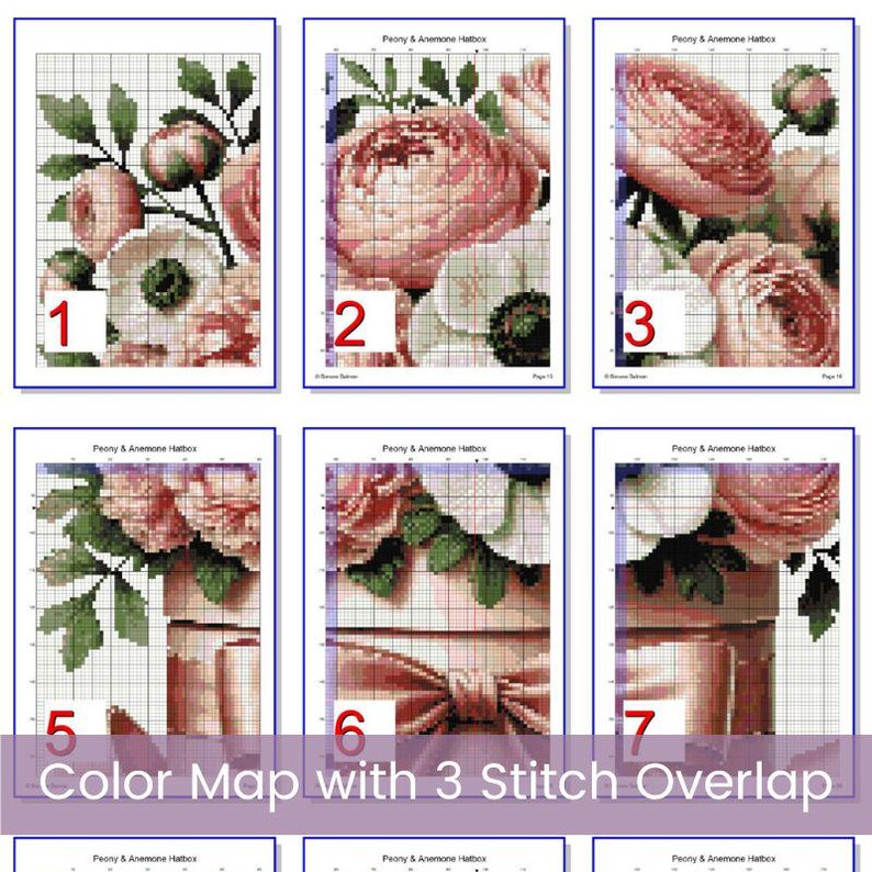 Pink Hat Box With Peonies & Anemones Cross Stitch Pattern, Elegant