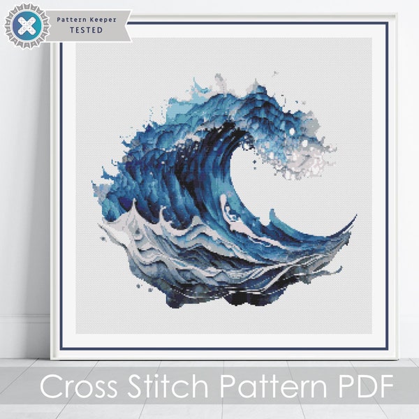 Ocean Wave Cross Stitch Pattern / Breaking Blue Ocean Wave PDF Cross Stitch Pattern Instant Download / Pattern Keeper & iBook file included