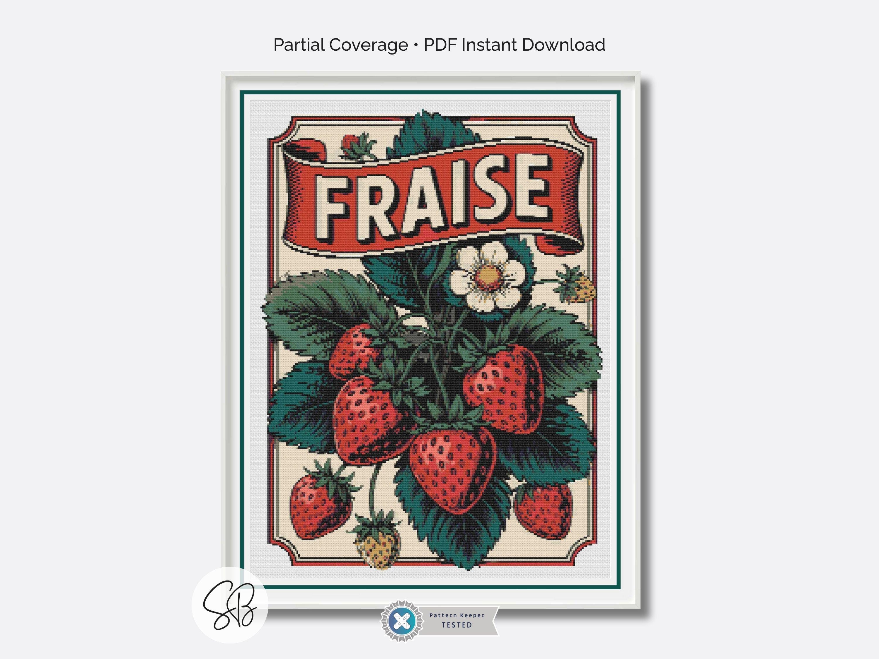 Strawberry Cross Stitch, Fraise Embroidery Pattern, Vintage Fruit