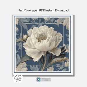 May include: A framed print showing a large white peony flower on a blue floral background. The print has a white border and includes the text "Full Coverage • PDF Instant Download". The artwork is a digital download.