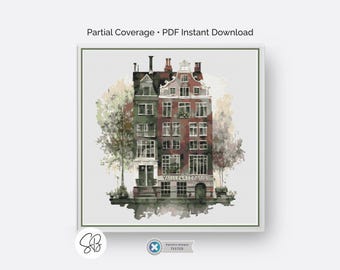 Wzór haftu krzyżykowego „Dom nad Kanałem Amsterdamskim”, sztuka architektury holenderskiej, holenderski haft akwarelowy w formacie PDF