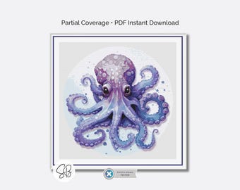 Octopus Cross Stitch Pattern, Nautical Sea Marine Ocean Animal Embroidery, Underwater Life, Floss Conversions