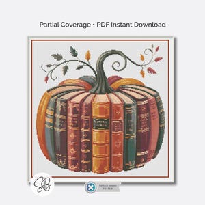 Pumpkin Book Stack Cross Stitch Pattern, Cozy Autumn Reading Embroidery, Vintage Thanksgiving, Floss Conversions