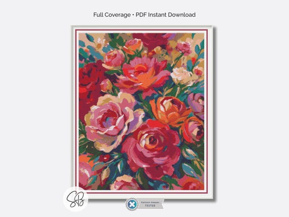 Oil Painting Roses Cross Stitch Pattern, Full Coverage Floral Botanical PDF, Multi-Brand Floss Conversions
