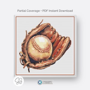Patrón de punto de cruz de béisbol, arte de sóftbol, decoración de bordado deportivo, descarga en PDF, tabla de conversión de hilos.