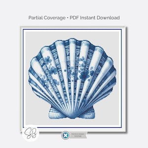 Delft Seashell Kreuzstichmuster, von Vintage blau-weißer Keramik inspirierte Muschel, PDF, Floss Umwandlungen