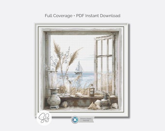 Ocean View Cross Stitch Pattern, Boho Nautical Coastal Embroidery, Beach House Decor, Floss Conversions
