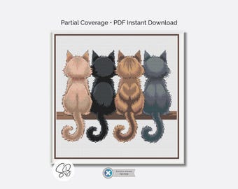 Schema punto croce "Cat Friends", ricamo "Quattro gatti", download immediato, Pattern Keeper, conversione filo interdentale
