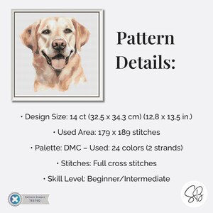 Golden Labrador Cross Stitch Pattern, Dog Lover’s Embroidery Pet Design, Instant Download, Floss Conversions