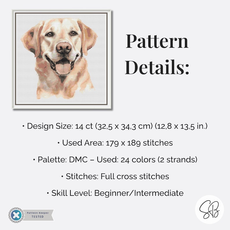Golden Labrador Cross Stitch Pattern, Dog Lover’s Embroidery Pet Design, Instant Download, Floss Conversions