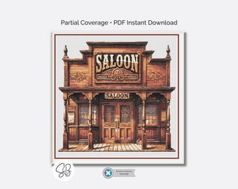Schema punto croce Cowboy Saloon, decorazioni country western fatte a mano, download PDF, conversioni filo interdentale