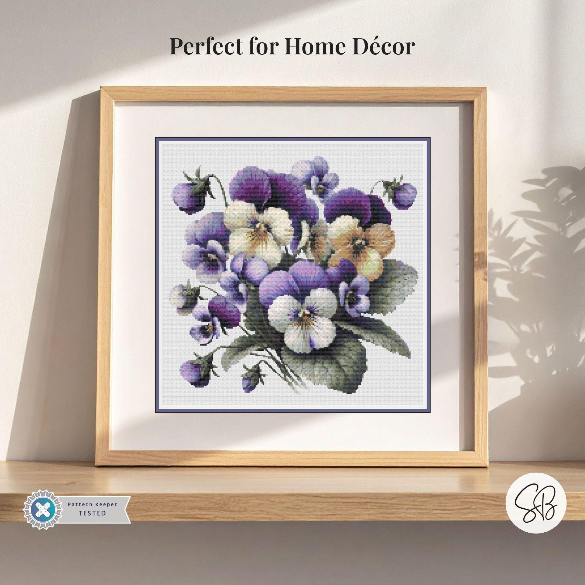 Motif point de croix pensées violettes, broderie botanique florale