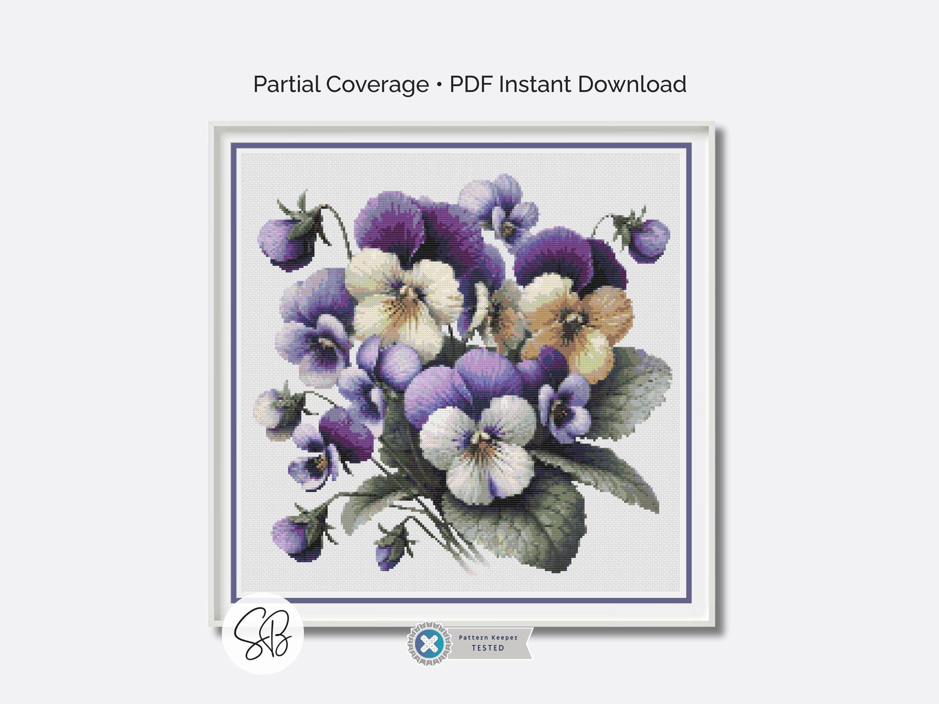 Motif point de croix pensées violettes, broderie botanique florale