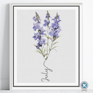 Naissance juillet mois fleur compté motif point de croix, modèle de point de croix pied d'alouette, téléchargement immédiat, cadeau point de croix floral moderne