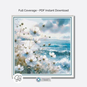 Serene Beach Cross Stitch Pattern, Wildflower Ocean View Coastal Full-Coverage Embroidery,  PatternKeeper, Floss Conversions