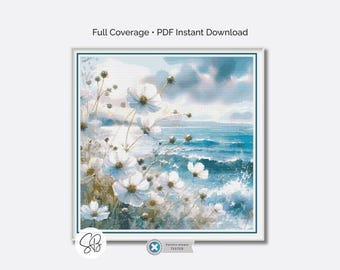 Serene Beach Cross Stitch Pattern, Wildflower Ocean View Coastal Full-Coverage Embroidery,  PatternKeeper, Floss Conversions