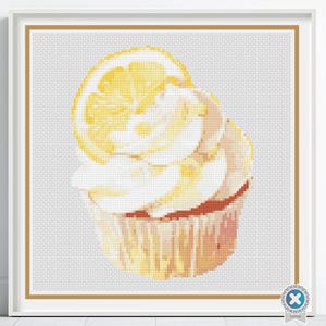 Lemon Cupcake Cross Stitch Pattern, Cupcake Embroidery, Dessert Cross Stitch, Sweet Treats Decor, Kitchen Stitch Pattern, Bakery Wall Art