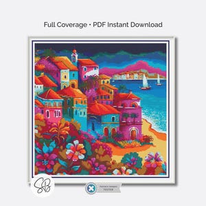 Badplaats kruissteekpatroon, kleurrijk kustdorp, pdf direct download, PatternKeeper, Floss-conversies