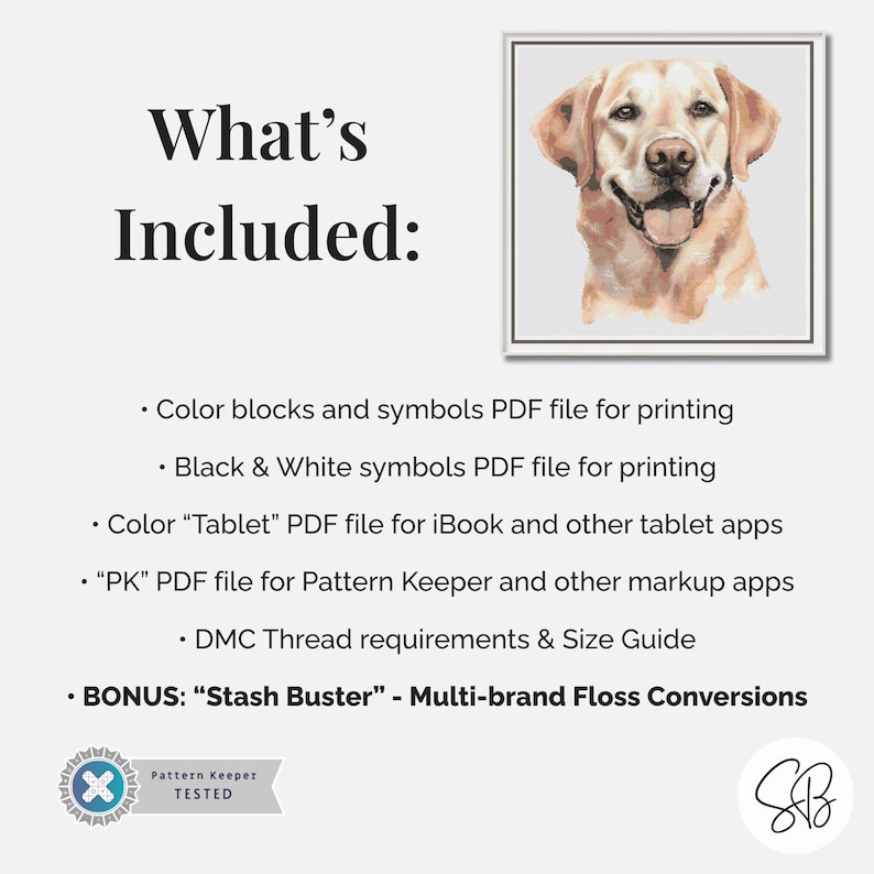 Golden Labrador Cross Stitch Pattern, Dog Lover’s Embroidery Pet Design, Instant Download, Floss Conversions