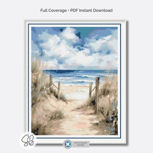 Beach View Cross Stitch Pattern, Coastal Decor, Ocean Waves Embroidery, Full Coverage, Floss Conversions