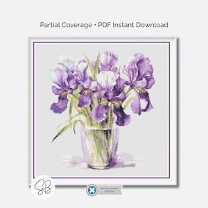 Lirios holandeses en punto de cruz, elegante bordado floral morado, descarga digital de flores, conversiones de hilo