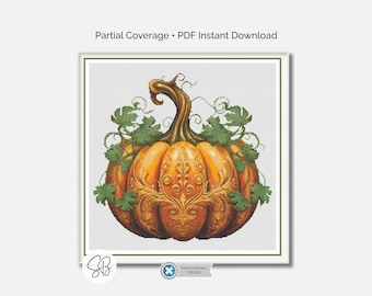 Pumpkin Cross Stitch Pattern, Fall Botanical Baroque Embroidery, Vintage Autumn Decor, Floss Conversions