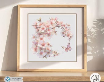 桜のリースのクロスステッチ、ピンクの日本の桜の花の刺繍、フロス変換