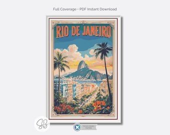 Rio de Janeiro Cross Stitch Pattern, Vintage Travel Poster, Brazil Embroidery PDF, Floss Conversions