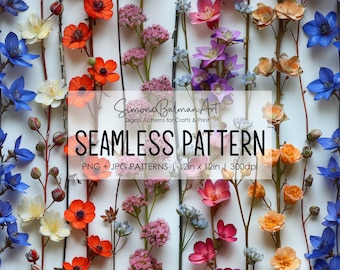 Dried Flowers Seamless Pattern | Printable Seamless Digital Paper Pack 12x12in | Commercial Use | Sublimation | Card Making | Crafting