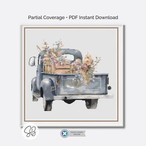 Vintage Truck Cross Stitch Pattern, Floral Country Embroidery, Wild Flowers Rustic PDF, Pattern Keeper