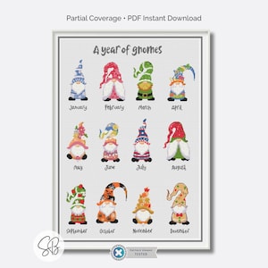 May include: A framed cross-stitch pattern titled "A year of gnomes." The design features twelve gnomes, each representing a month, with colourful hats and outfits. The text "Partial Coverage PDF Instant Download" is at the top.