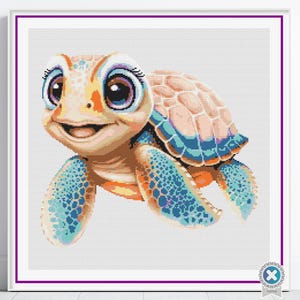 Schattig meisje zeeschildpad kruissteekpatroon, decor oceaankwekerij, oceaanthema borduurwerk, handgemaakt babycadeau, kinderkamer muurkunst projectidee