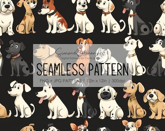 Cartoon Dogs Seamless Pattern | Printable Seamless Digital Paper Pack 12x12in | Commercial Use | Sublimation | Card Making | Crafting